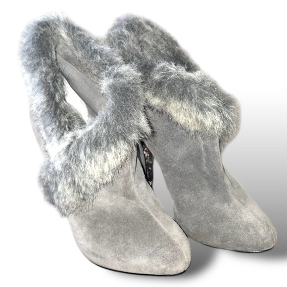 Mariah Carey Suede Leather w/Faux Fur Stiletto Boots Gray Genuine Leather Size 8 - Picture 3 of 11